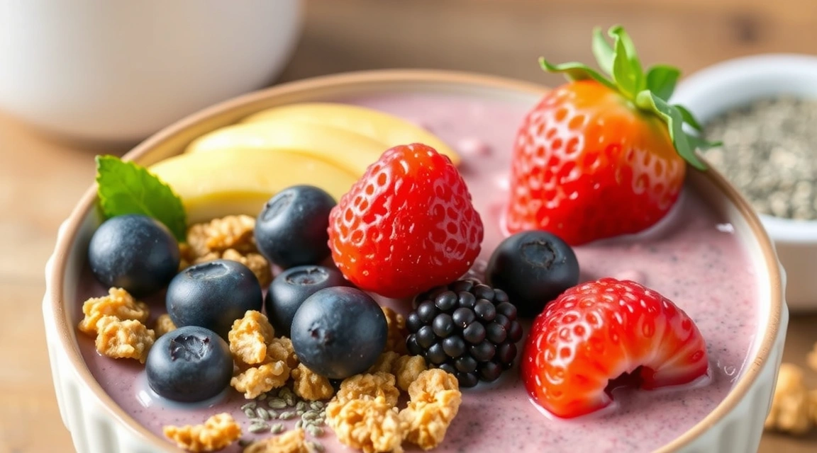 A vibrant smoothie bowl topped with fresh berries, granola, and chia seeds, representing a nutritious and delicious breakfast.