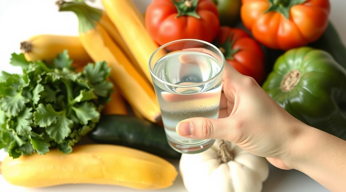 A close-up of a hand holding a glass of water next to a variety of fresh fruits and vegetables, illustrating the importance of hydration and healthy produce.