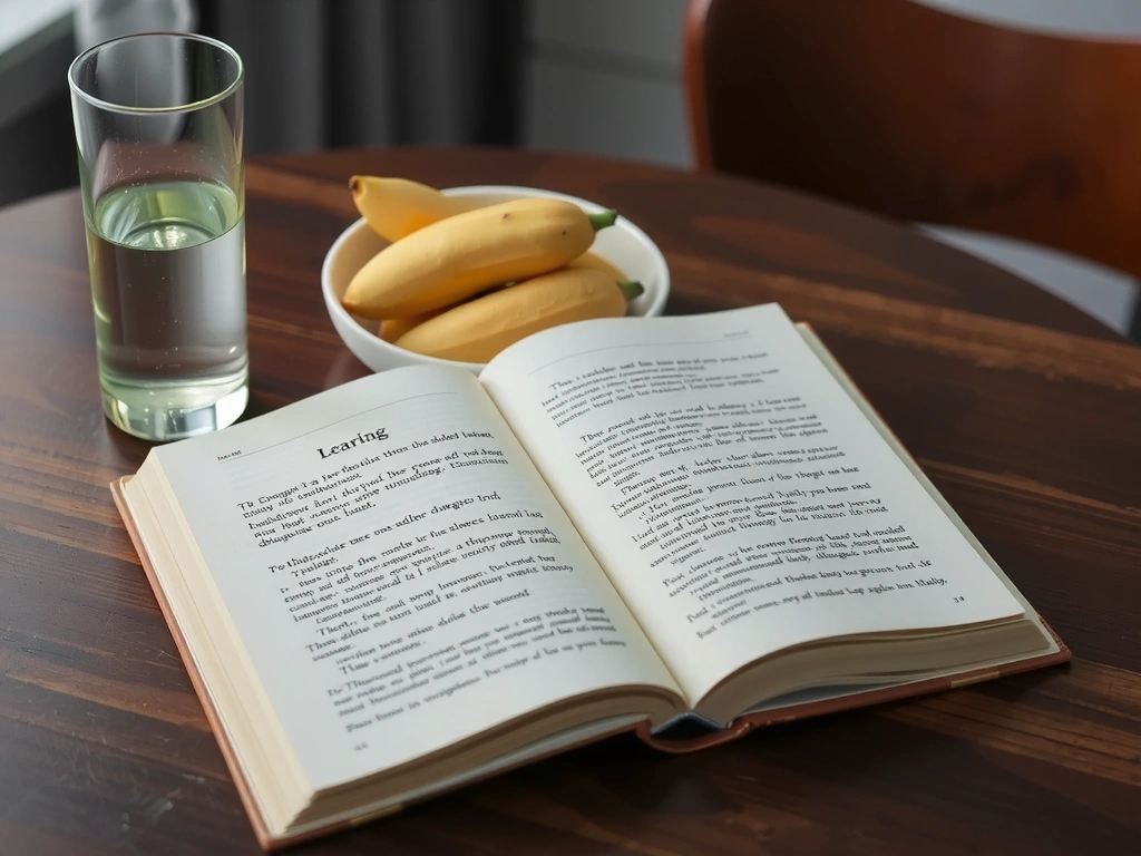 An open book resting on a wooden table next to a bowl of fresh fruit and a glass of water, symbolizing learning and healthy living.