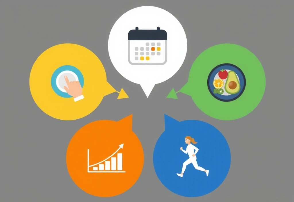 A sequence of four icons showing a hand booking on a calendar, a video call, a healthy meal, and a progress chart, illustrating the consultation process.