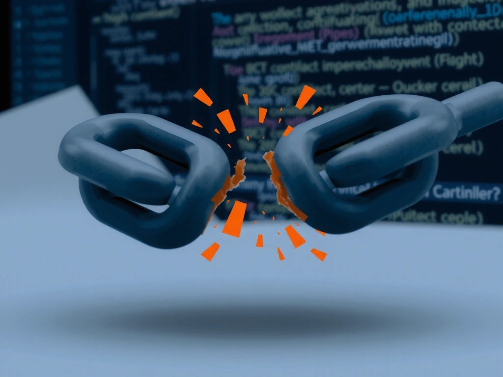 Abstract illustration of a broken chain link symbolizing termination of service, with digital particles dispersing, set against a background of legal documents.