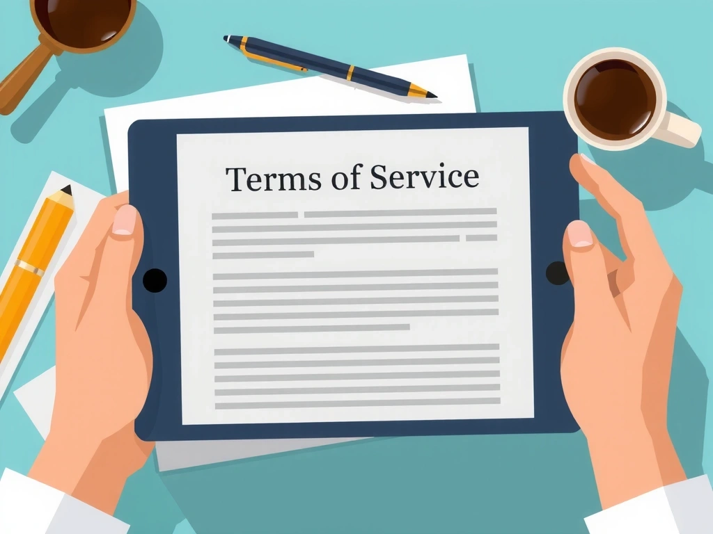 Digital illustration of a user reading terms and conditions on a tablet, with legal documents and a pen in the background, signifying agreement.